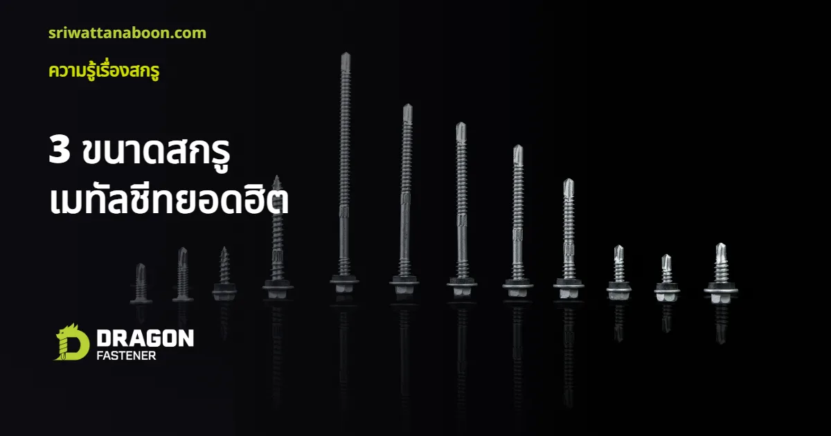 สกรูยิงเมทัลชีท Dragon Fastener หลายขนาดเรียงกัน